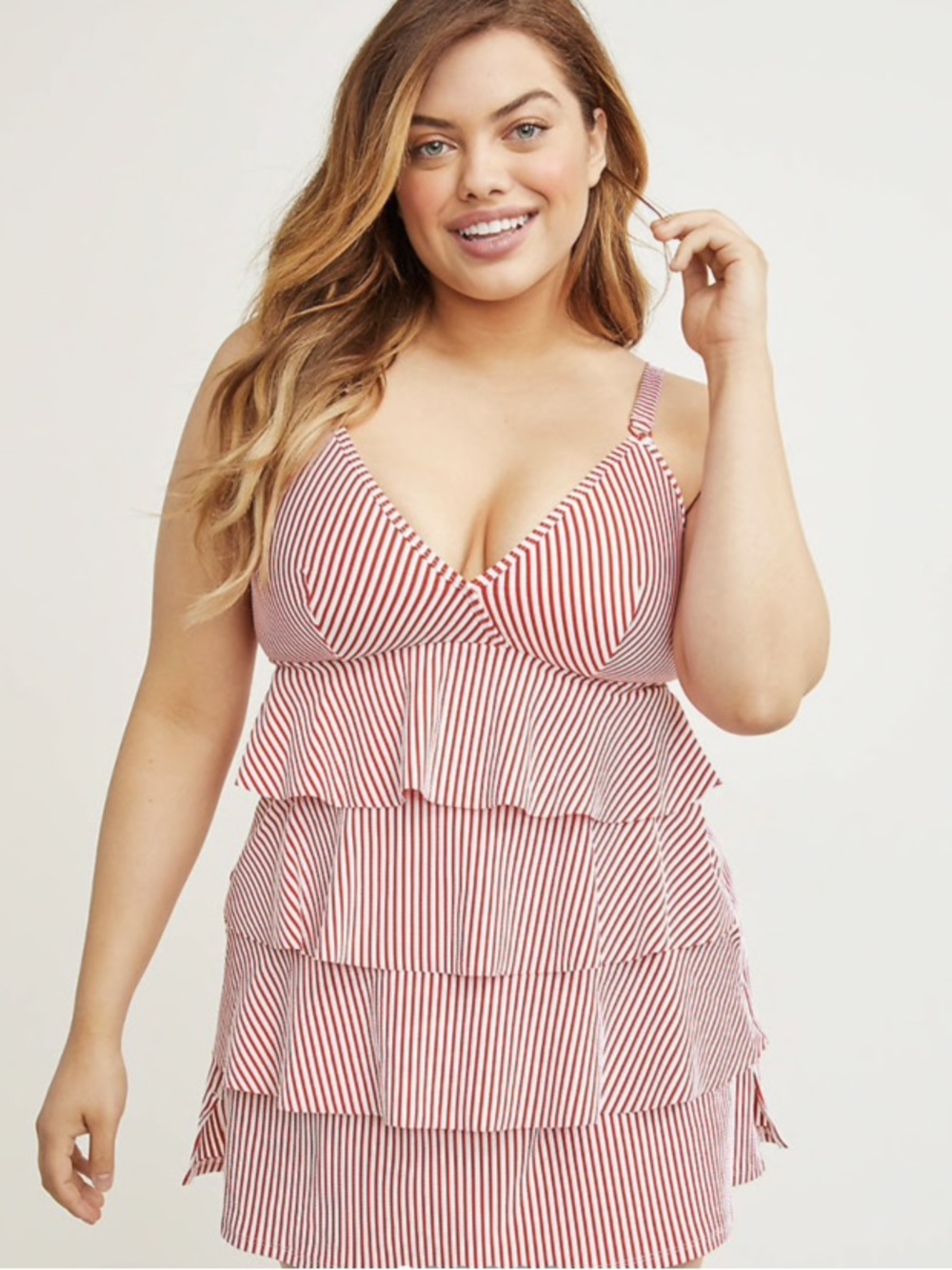 Lane Bryant Cacique Red and White Striped Ruffle Seersucker Swim Tankini